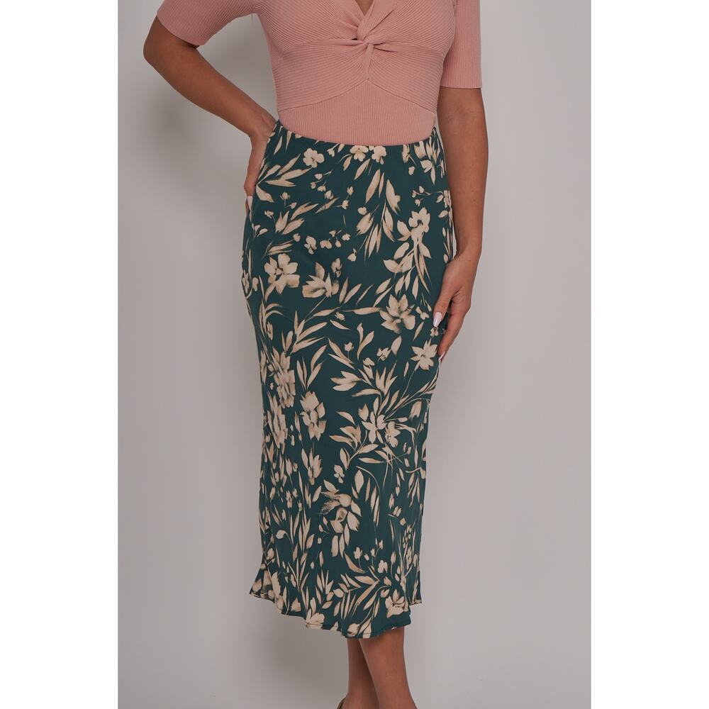Green Floral Print Midi Skirt - Large